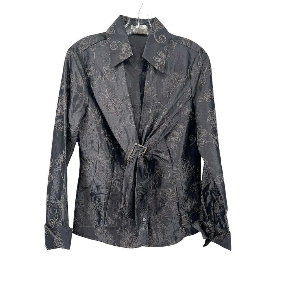 NaraCamicie Formal Top Gray Silver Embroidered Jewel Belted V Neck Size III M